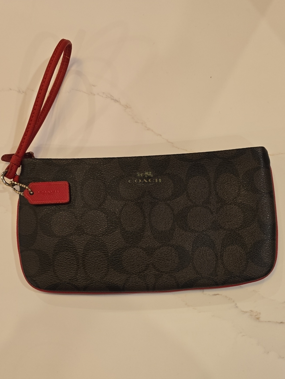Coach Brown Signature Canvas Wristlet with Red Accents